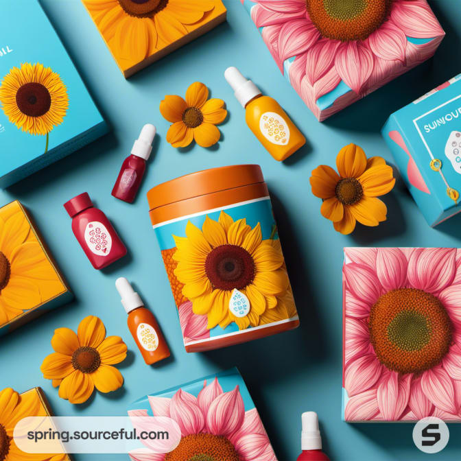 Assorted bottles and jars with sunflower motifs on a light blue surface.