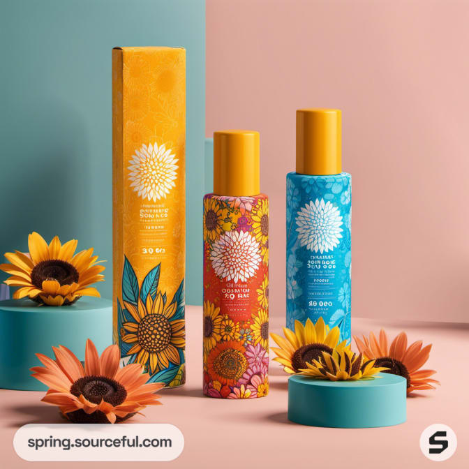 Stylish bottles with decorative boxes featuring floral patterns.