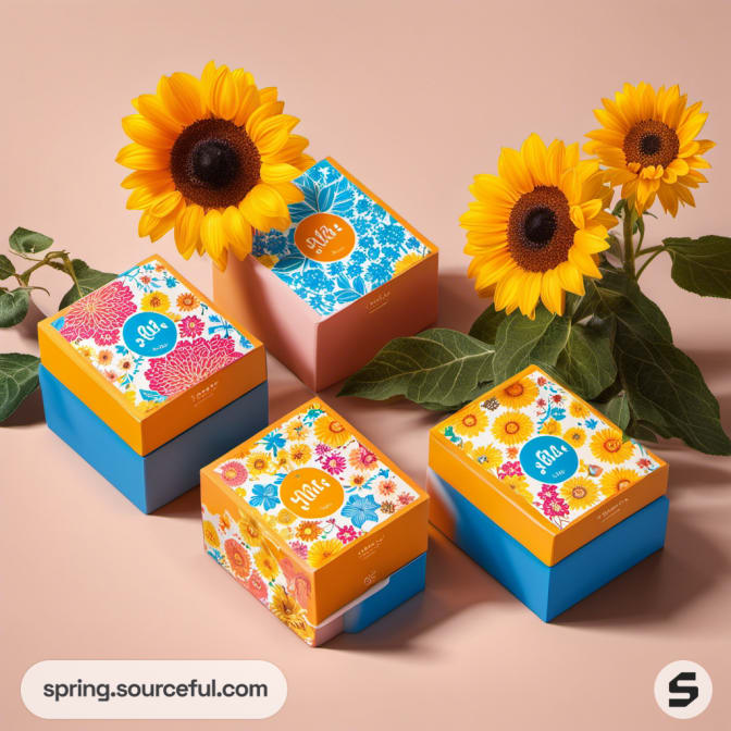 Colorful gift boxes adorned with sunflowers and floral patterns.