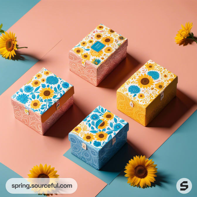 Four decorative boxes with sunflower designs on a two-tone surface.