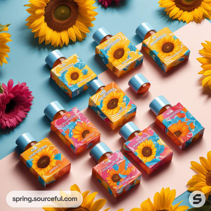 Square bottles with sunflower designs arranged on a colorful background.