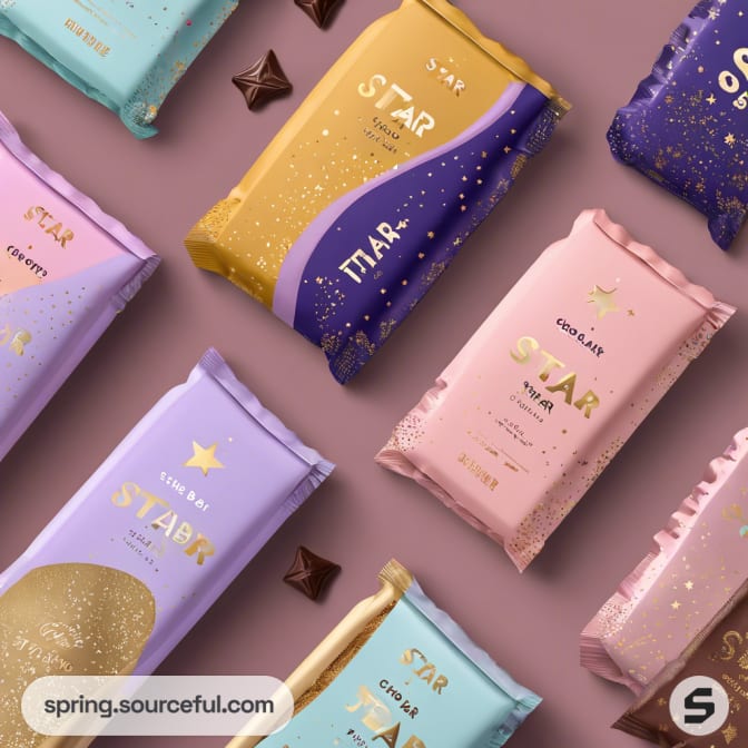 Colorful candy bars with star motifs on a pink background