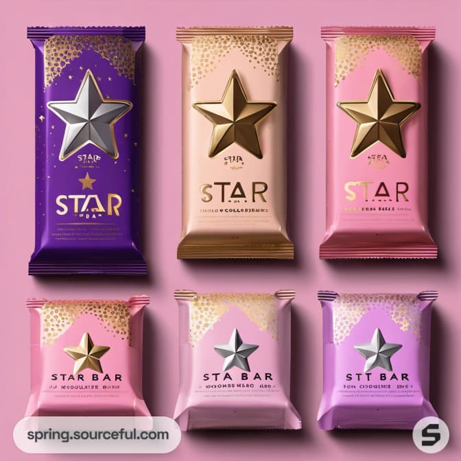 Assorted candy bars in various colors with star designs
