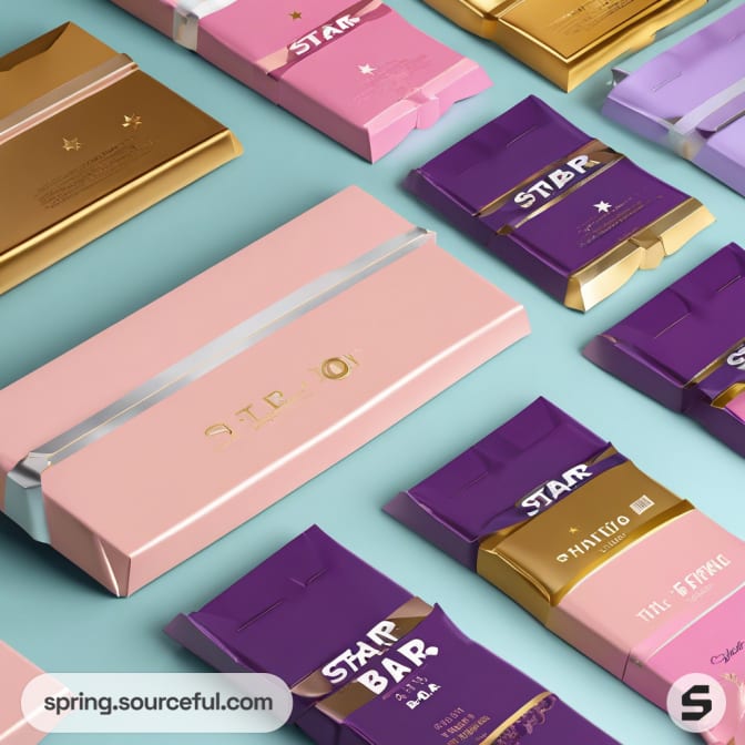Pastel and gold wrapped candy bars on a light mint background