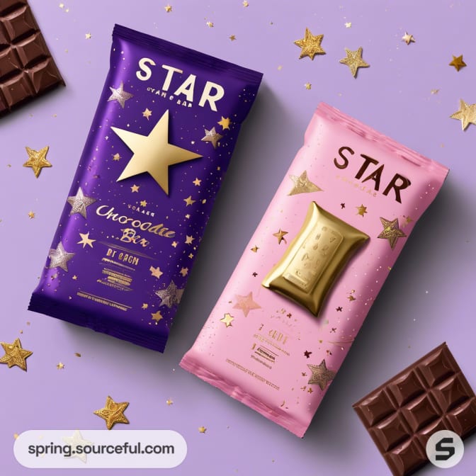 Purple and pink candy bars with stars and chocolate pieces