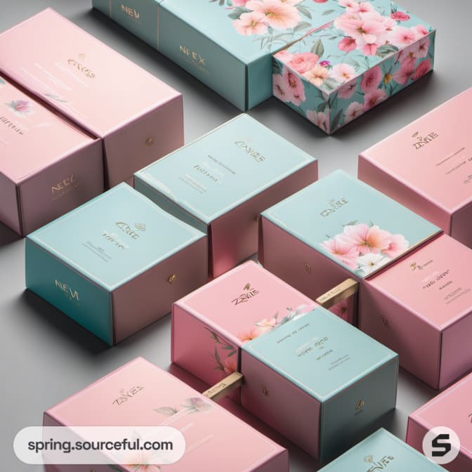 Colorful floral gift boxes in pastel shades of pink and blue with flower designs.