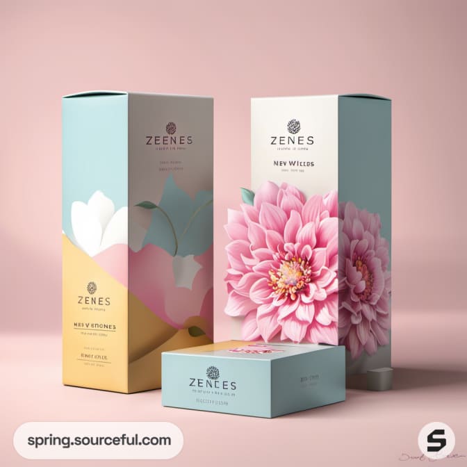 Decorative skincare packaging with floral designs in pastel colors.