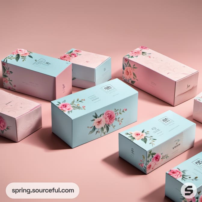 Assorted pastel colored skincare boxes with floral motifs on a soft pink background.