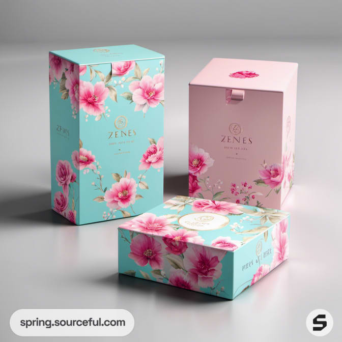 Floral patterned gift boxes in turquoise and pink.