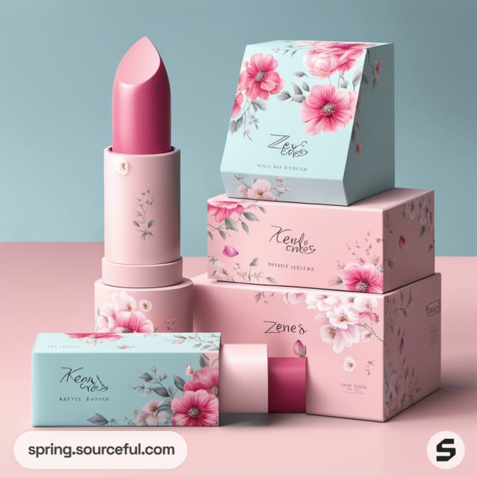 Lipsticks in floral gift packaging in pink and blue tones.