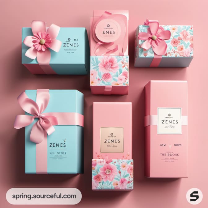 Gift boxes with floral designs and ribbons in pink and blue.