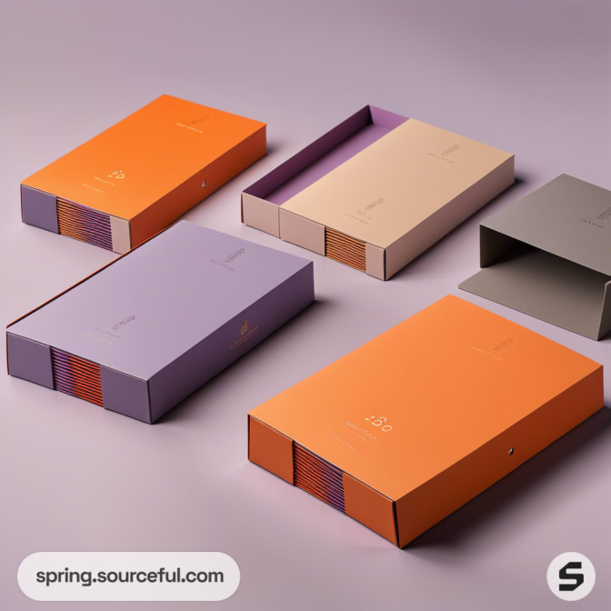 Colorful rectangular boxes with minimalist design in orange, purple, beige, and green on a neutral background.