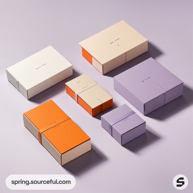 Assorted pastel and orange cardboard boxes on purple surface.