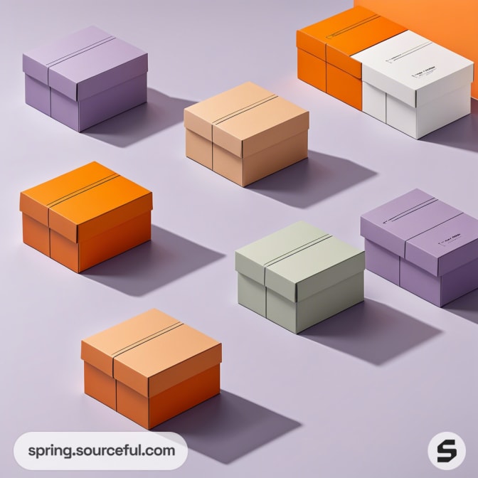 Colorful array of square boxes in orange, purple, beige, green, and white on a light purple background.