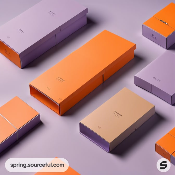 Colorful rectangular boxes in shades of orange, purple, and beige on a light mauve background.