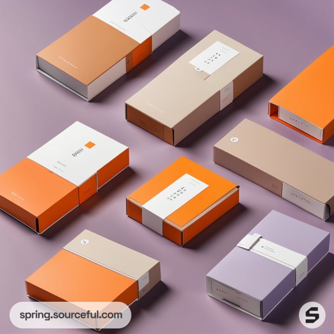 Various rectangular gift boxes in orange, beige, and lavender on a purple surface.