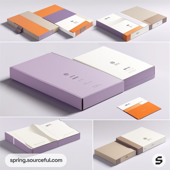 Collage of purple and beige packaging boxes with cards, showcasing minimalist design and branding.