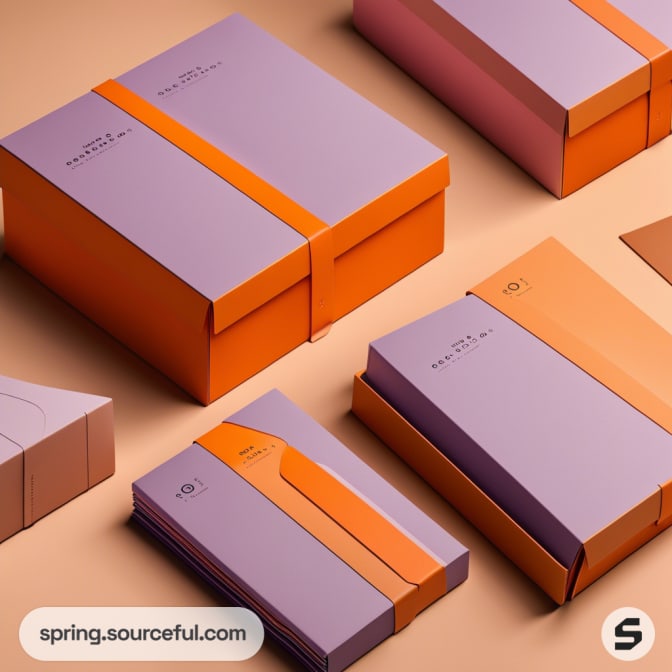 Purple and orange mailer boxes with minimal design on a beige surface.