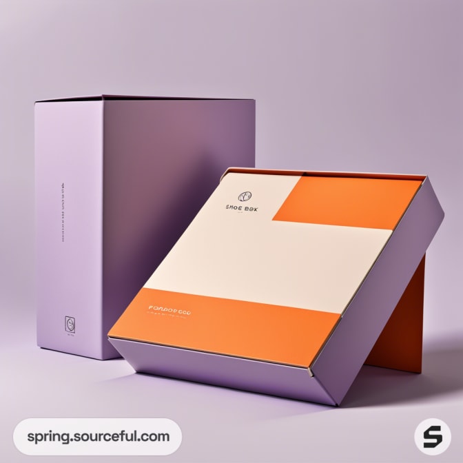 Square cardboard boxes in lavender and orange, standing and tilted, on a light purple background.