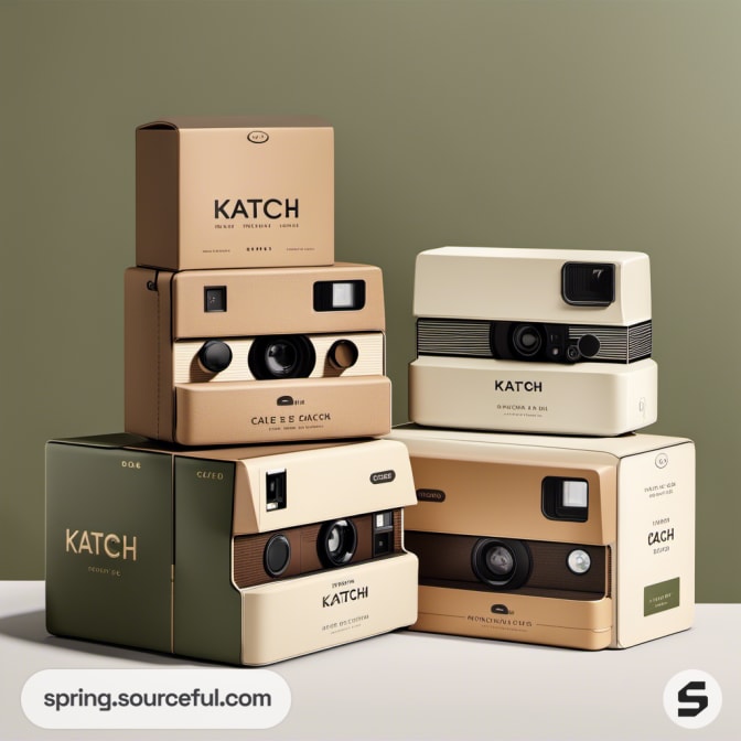 Stacked boxes of cameras in beige and green shades on display.