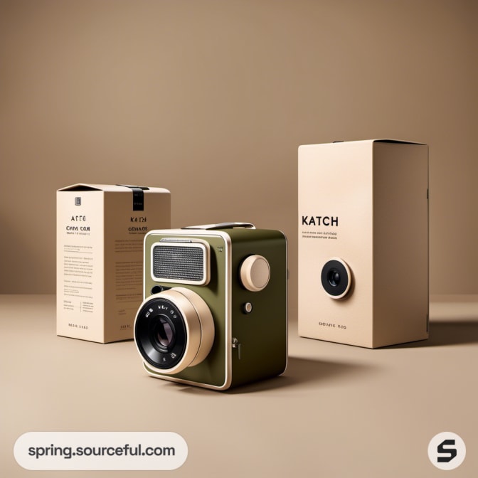 Vintage-style camera and boxes in beige with minimalist design.