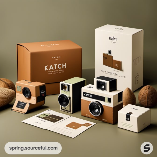 Assorted cameras and retro packaging with earthy color tones.