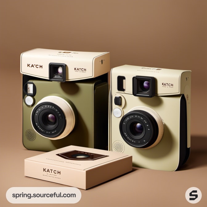 Two retro cameras with beige boxes and elegant design.