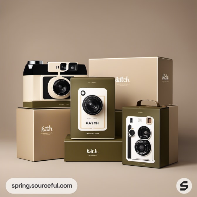 Variety of cameras in stylish tan and olive boxes displayed.