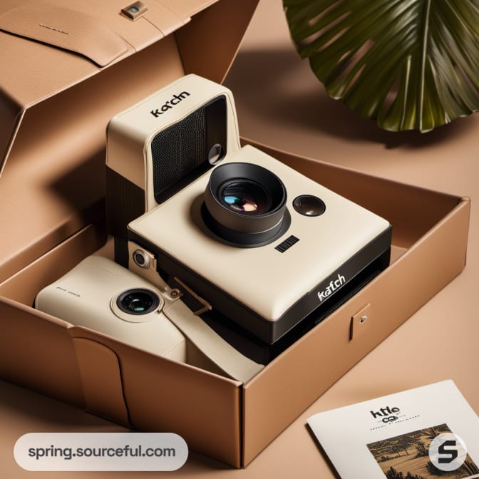 Open camera box showcasing vintage camera in earthy tones.