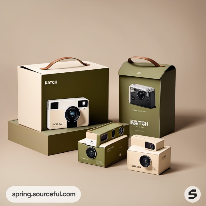 Multiple cameras with sleek packaging in beige and olive.