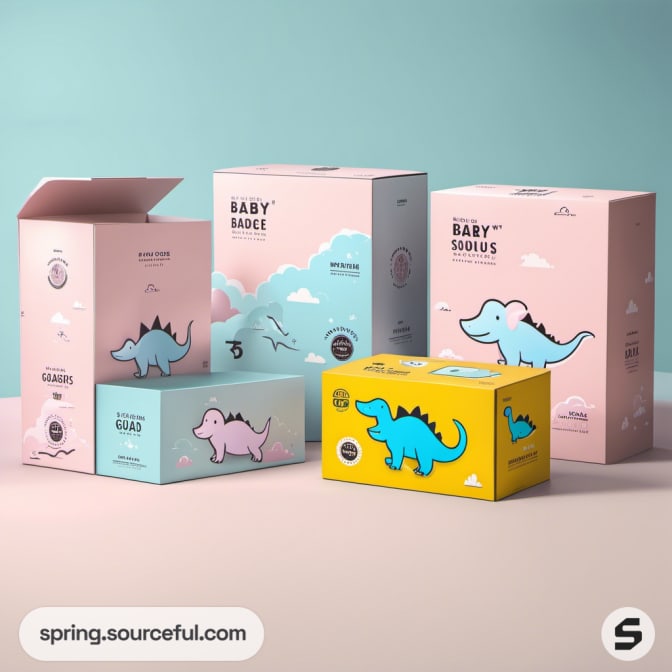 Dinosaur-themed packaging boxes with playful designs in pink and blue tones.