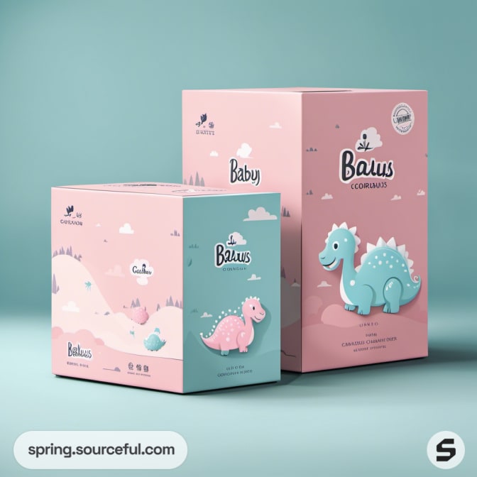 Two boxes showcasing cute dinosaur designs against a soft pastel background.