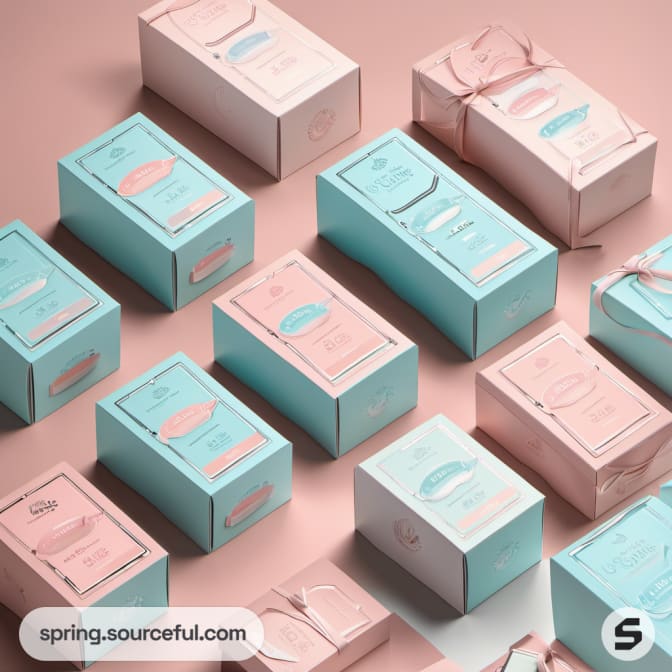 An assortment of small boxes in pink and blue with minimalist designs.