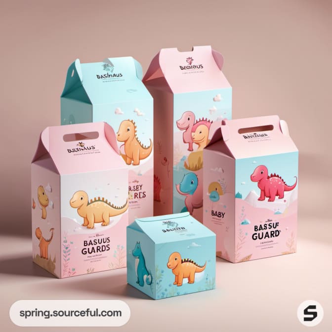 Assorted packaging featuring dinosaur graphics in pastel colors and varied sizes.