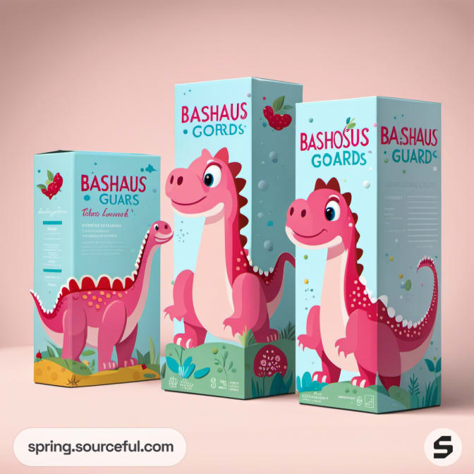 Dinosaur-themed tall boxes in bright pink and blue with playful patterns.