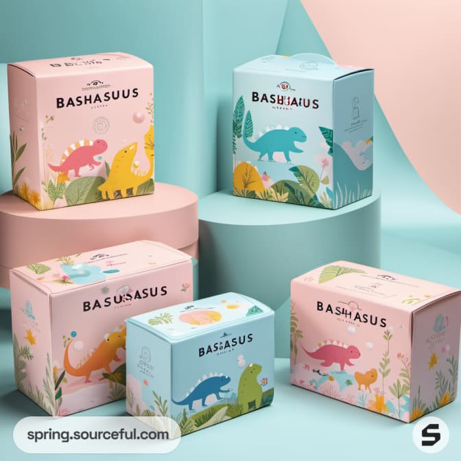 Colorful boxes in pink and blue with dinosaur designs and floral backgrounds.