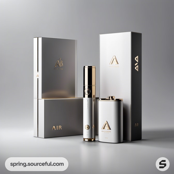 Elegant silver and gold vaping device in tall boxes.