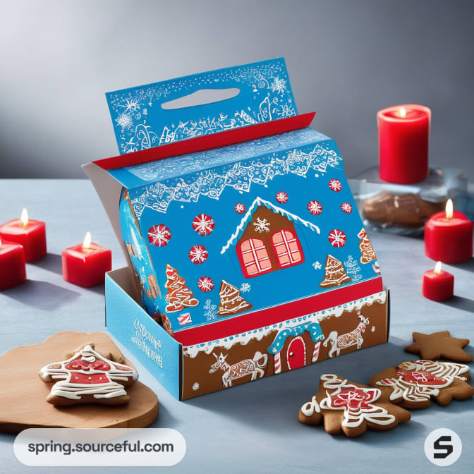 Decorative blue box with gingerbread house graphics, surrounded by candles and cookies.