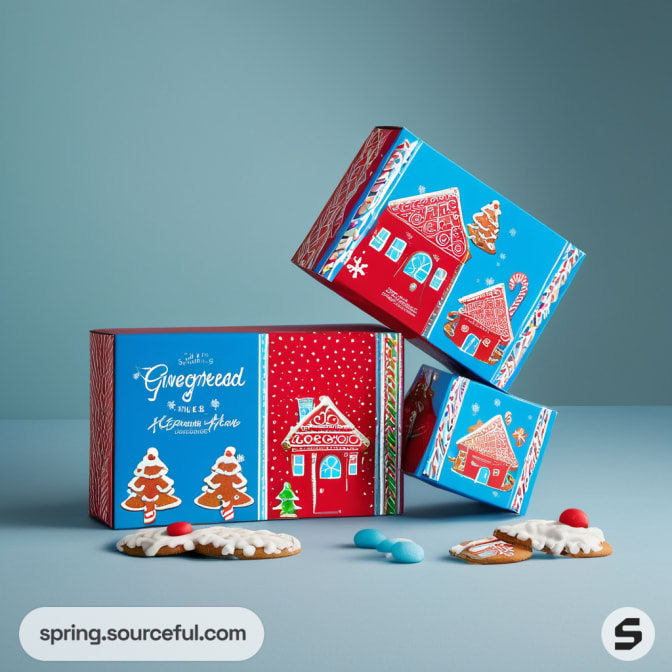 Three festive boxes with gingerbread house designs on a blue background.