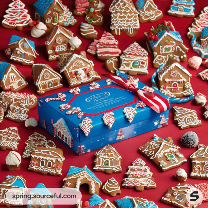 Assortment of gingerbread cookies with a blue gift box featuring festive illustrations.