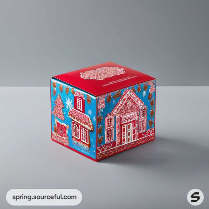 Square gift box with gingerbread house and tree printed design on red and blue.