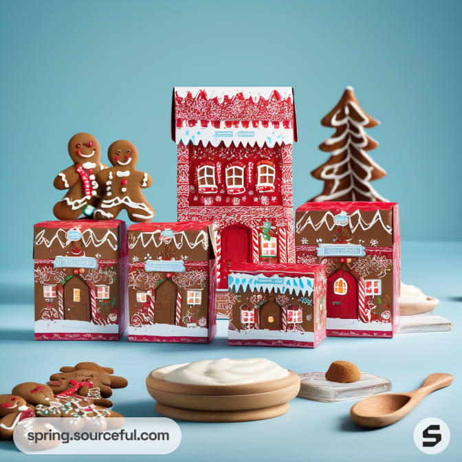 Gingerbread house kits with festive designs, surrounded by gingerbread cookies.