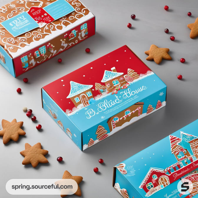 Colorful gingerbread house boxes surrounded by star-shaped cookies.