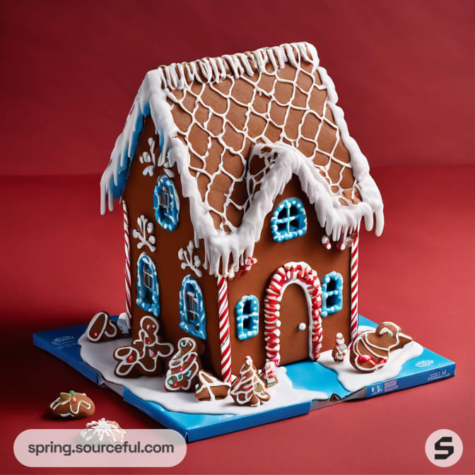 Gingerbread house with white icing on a red background, surrounded by gingerbread pieces.