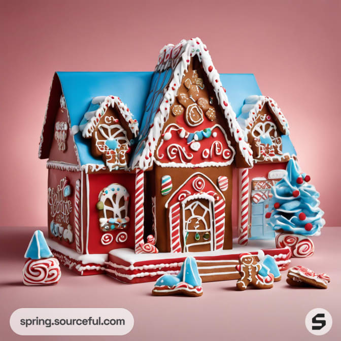 Elaborate gingerbread house with red and blue icing, surrounded by candies.