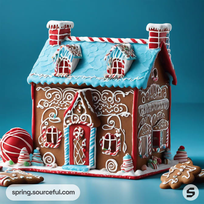 Intricate gingerbread house with blue roof, decorated with white icing details.