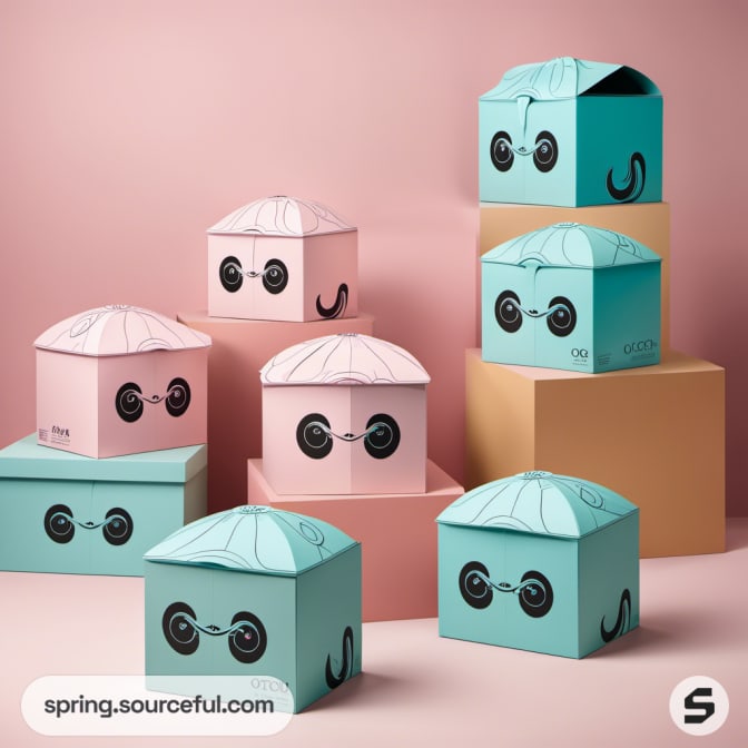 Octopus-themed boxes with cute designs, various sizes, pink and teal.