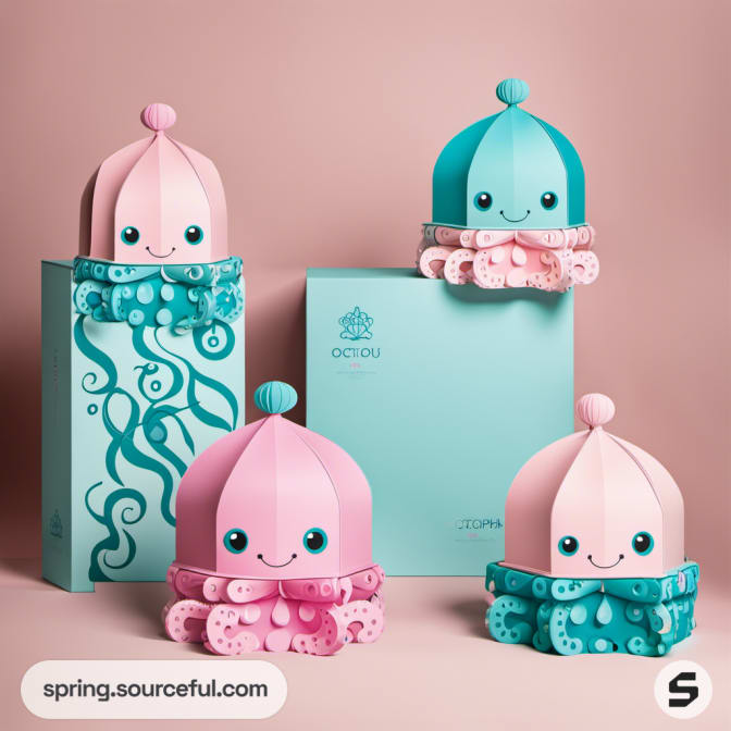 Adorable octopus characters on packaging, pink and teal colors.