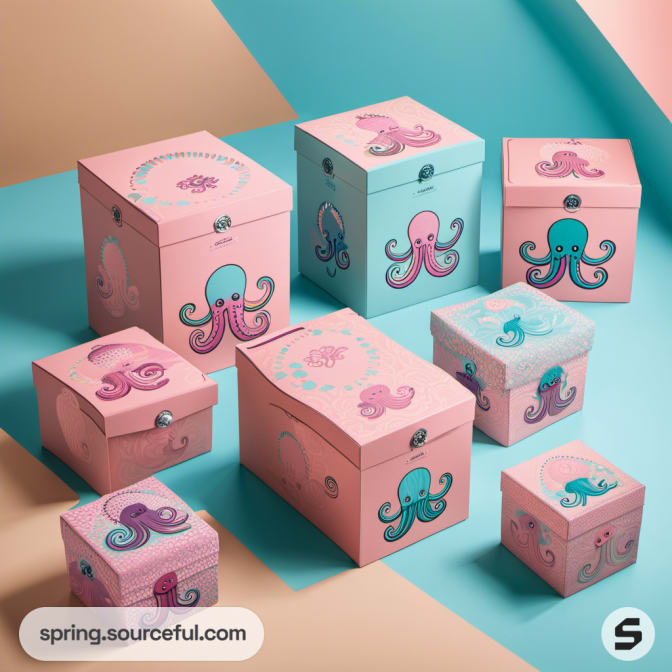 Pink and teal octopus boxes in different sizes with cute illustrations.