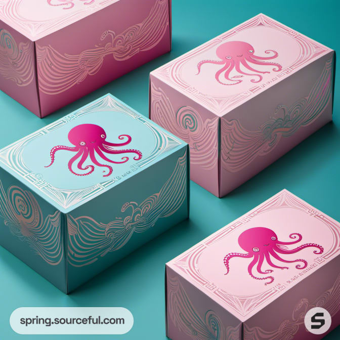Boxes with large octopus graphics, pink and teal hues.
